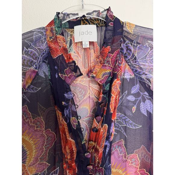 Johnny Was Jade Octavia Floral Silk Blouse Womens Large Oriental Semi Sheer - Picture 5 of 16